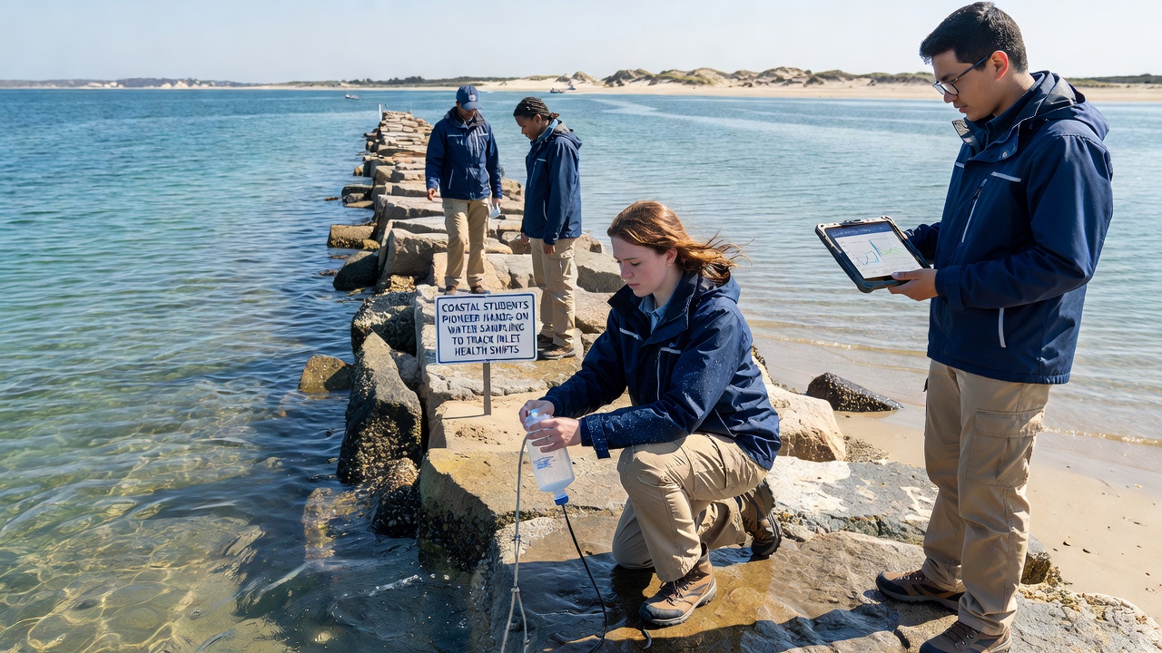 Group of students analyzing water sample data on tablets at a coastal field station