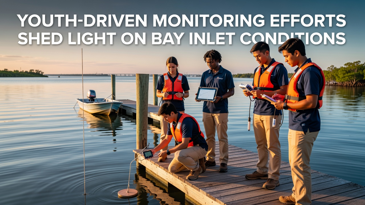 Group of young monitors reviewing sensor data on tablets beside an inlet shoreline